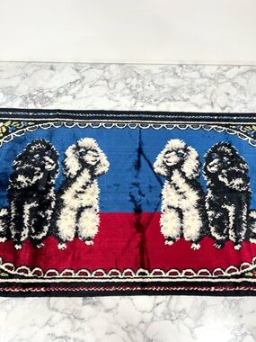 Vintage MCM Velvet Black White Poodle Wall Hanging Rug Red Blue Made in Italy